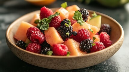 A colorful bowl of fresh fruit salad with berries and melon, garnished with mint leaves. Perfect for a healthy snack or breakfast.