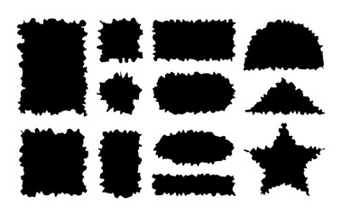 Scallop frame set. Different wavy shapes with squiggly edge border. Zig zag stamps or wiggle stickers for photo, badge, tag design. Curvy labels isolated on white background, vector illustration.