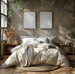 Modern Cozy Boho Bedroom Interior with Wooden and White Elements