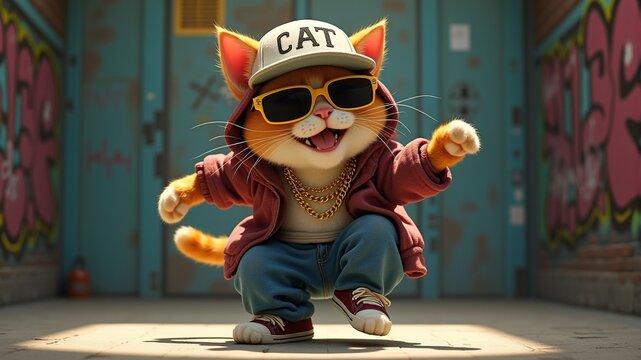 The cat is a rapper in a baseball cap, glasses and with a gold chain around his neck