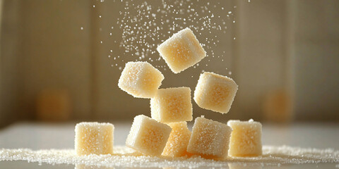 Sugar cubes are falling and sprinkling on a white surface