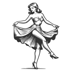Fototapeta premium pin-up woman dancing in a dress, capturing retro style and joyful movement sketch engraving generative ai fictional character raster illustration. Scratch board imitation. Black and white image.