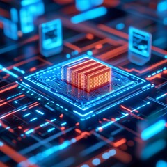 Obraz premium Blockchain-based decentralized cloud storage, virtual holograms, futuristic tech hub