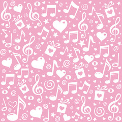 Happy St. Valentine's Day! Pink Seamless pattern wallpaper. Abstract pink background with musical notes, gift box, heart. Vector Illustration