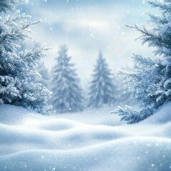 Frosty winter landscape in snowy forest. Christmas background with fir trees and blurred background