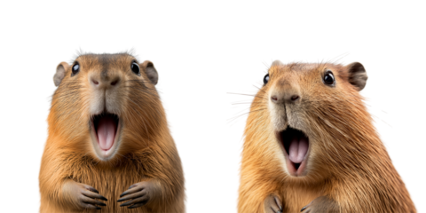 Two funny capybaras stand up with surprised and shocked expressions, mouths open in disbelief