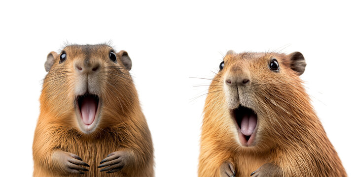 Two funny capybaras stand up with surprised and shocked expressions, mouths open in disbelief