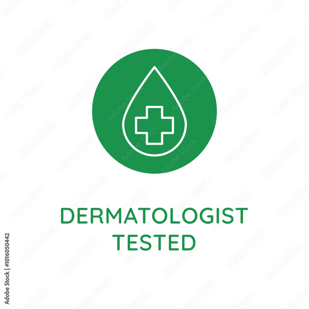Poster Vector line design element, badge and icon for food and cosmetics packaging in mono linear style - dermatologist tested