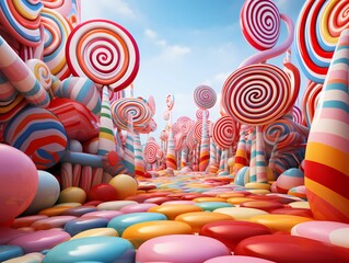 The road was decorated with lots of colorful candies, and on both sides of the road the lampposts were candy lollipops. Three-dimensional cartoon image of an imaginary city