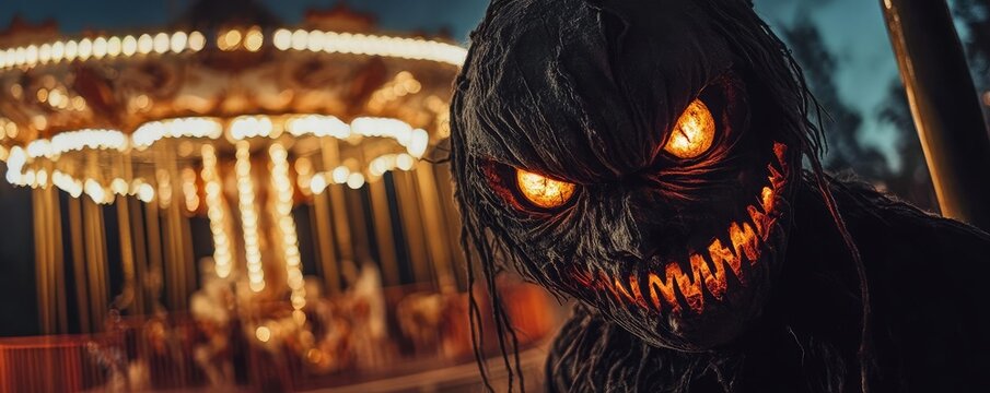 A sinister figure with glowing eyes looms near a deserted carousel, creating a haunting atmosphere of fear and mystery.