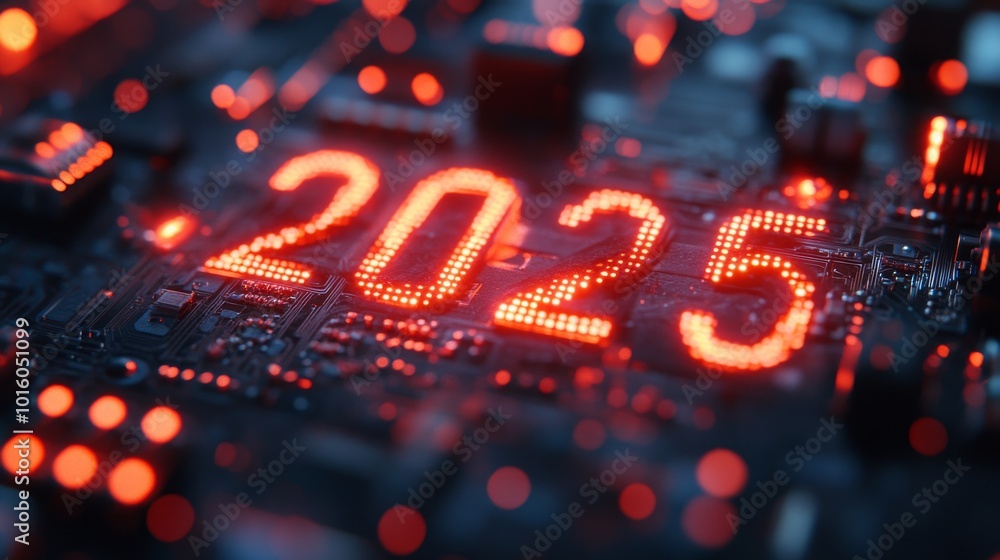 Poster a glowing number 2025 pulsating with cybernetic light on a digital circuit board at night