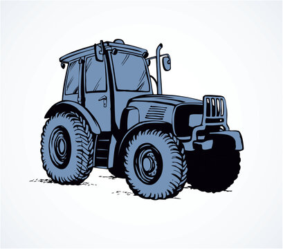 recommend clip art: Classic village land agrimotor utility model with big rubber bus. Freehand line ink hand drawn icon picture sketchy in art doodle style pen on paper. Side view with space for text on ground