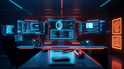 Blockchain-powered remote work platform, digital holograms, futuristic office