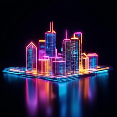 Blockchain-powered smart cities, glowing holographic buildings, futuristic urban integration