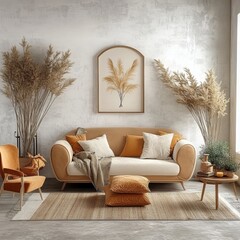 Boho Chic Living Room Interior, Sofa, Dried Flowers in Vases, and Accessories on Table
