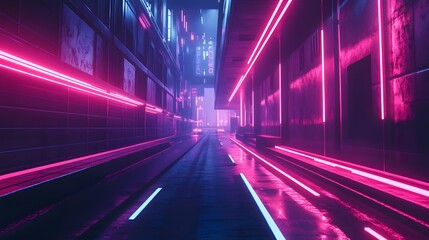 Abstract, futuristic city of concrete and neon. Night city view, illumination. Dark street, abstract scene, neon rays. 