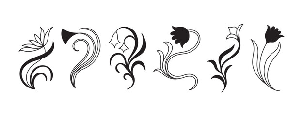 Vector set of logo design templates and graphic elements, organic cosmetic, floral illustration in simple linear hand drawn style, plants and flowers, natural products emblems