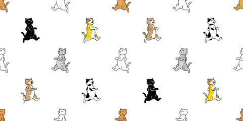 cat seamless pattern kitten walking running calico neko vector cartoon pet doodle tile background gift wrapping paper repeat wallpaper scarf isolated illustration design