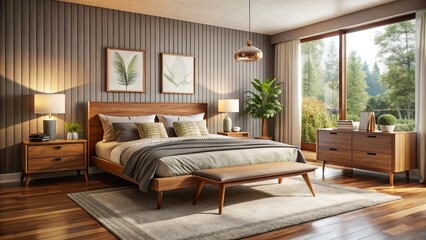 Fototapeta premium Transform your bedroom into a Mid Century Modern oasis with our thoughtfully curated furniture, emphasizing simplicity, functionality, and an