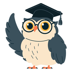 Flat vector illustration in children's style on the theme of learning and school. Cute owl in graduation cap points something with wing . Vector illustration