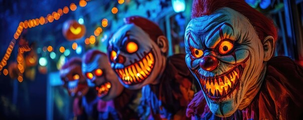 Fototapeta premium Chilling Halloween scene featuring sinister clown masks with glowing eyes, perfect for evoking fear and excitement.