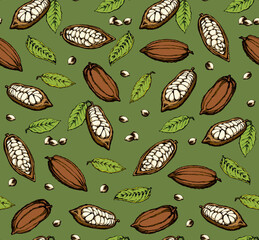 Big green theobroma foliage set on dark green fond. Bright color hand drawn menu object logo sign icon design sketchy in art modern doodle cartoon style on wrapping paper. Closeup view