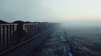 Freight Train Disappears Into Foggy Landscape