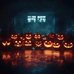 Generative AI illustration of illuminated carved pumpkins with different evil faces in darkness at Halloween night with background