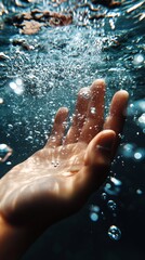 Fototapeta premium A submerged hand reaching upwards underwater, capturing the essence of exploration, serenity, and the depths of the unknown in an aquatic theme.