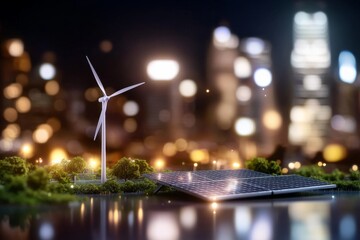A wind turbine and solar panel harness renewable energy against an urban backdrop, highlighting sustainable energy solutions and environmental focus.