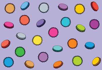 Old blank steel cola crown tap shape on light purple backdrop. Bright multy color line hand drawn glass pop booze cocktail  logo pictogram badge sign tileable design in art retro cartoon style. Close 