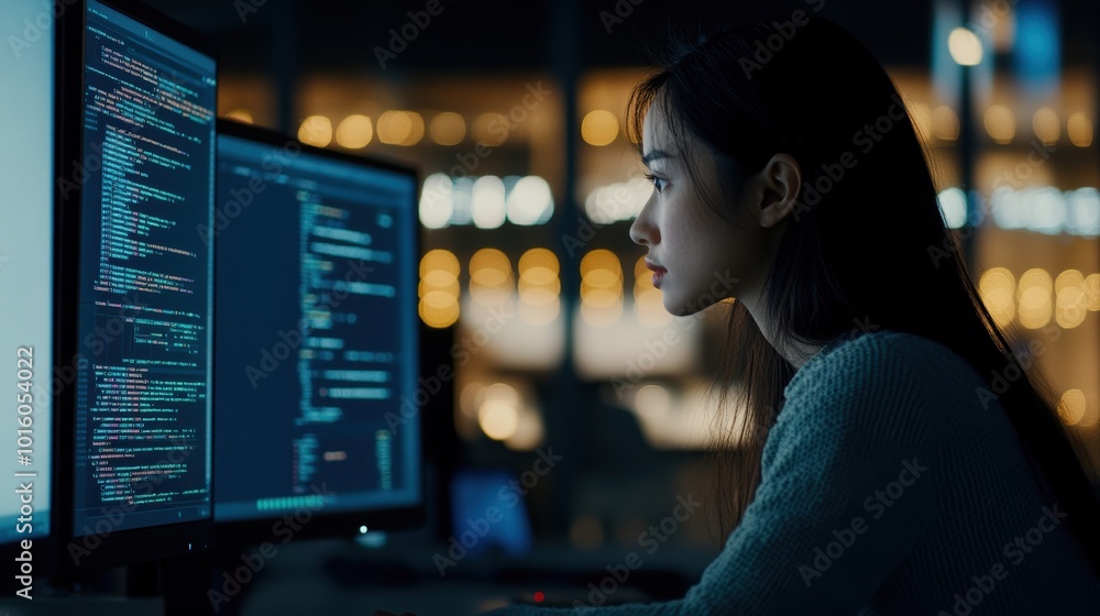Poster young woman focused on coding at night, illuminated by computer screens in a modern workspace.