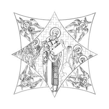 saint surrounded by angels, black and white clip art preview