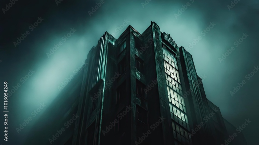 Poster a moody, atmospheric shot of a towering building enveloped in mist, creating a sense of mystery and 