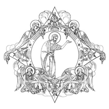 recommend clip art: Jesus Christ. Religious dome with apostles and angels in sky. Coloring page in Byzantine style