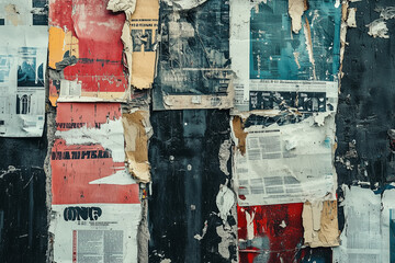 Naklejka premium Abstract collage of ripped and torn posters with different text, newspaper cutouts, street art