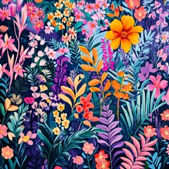 Lively floral composition highlighting vibrant blooms and lush green leaves