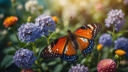 Obraz premium A stunning butterfly with vibrant wings resting on delicate pink flowers in a sunlit garden. A perfect close-up of nature’s beauty with detailed patterns and warm, golden sunlight