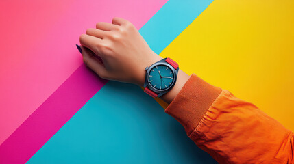 A person checking their watch anxiously while multitasking, Vibrant hand with stylish watch against a colorful backdrop, showcasing modern fashion and creativity in design.