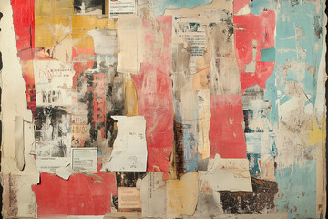 Abstract collage of ripped and torn posters with different text, newspaper cutouts, street art