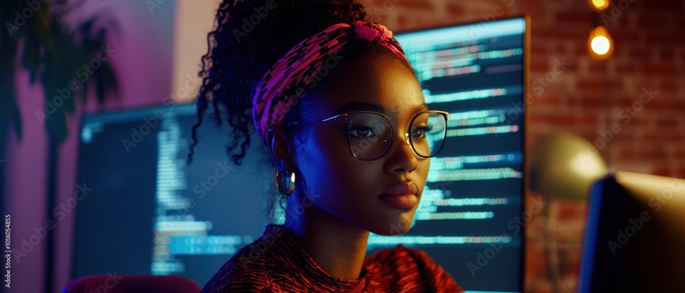 Poster focused young woman programming at a computer in a modern workspace with vibrant lighting.