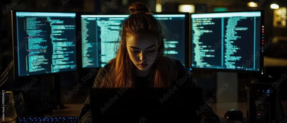 Poster focused woman working on a laptop in front of multiple computer screens with code displayed.