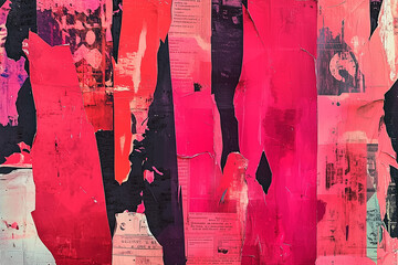 Abstract collage of ripped and torn posters with different text, newspaper cutouts, street art