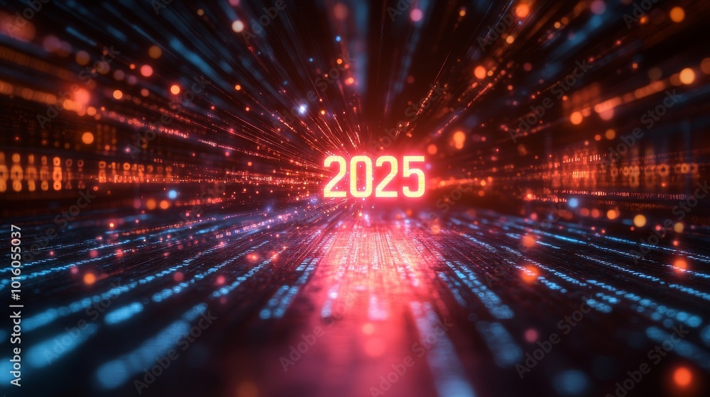 Poster vibrant digital representation of the year 2025 emerging from a burst of colorful data streams