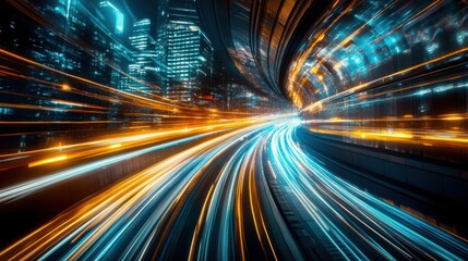 Fototapeta premium Dynamic night city scene with vibrant light trails showcasing the movement of traffic through urban architecture.