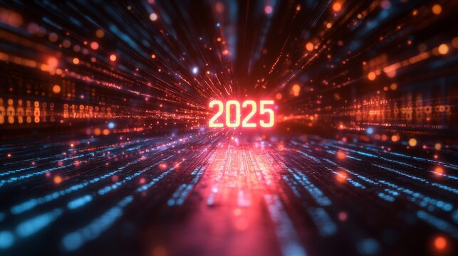 Vibrant digital representation of the year 2025 emerging from a burst of colorful data streams
