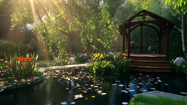 A serene garden with a pond, flowers, and sunlight filtering through trees.