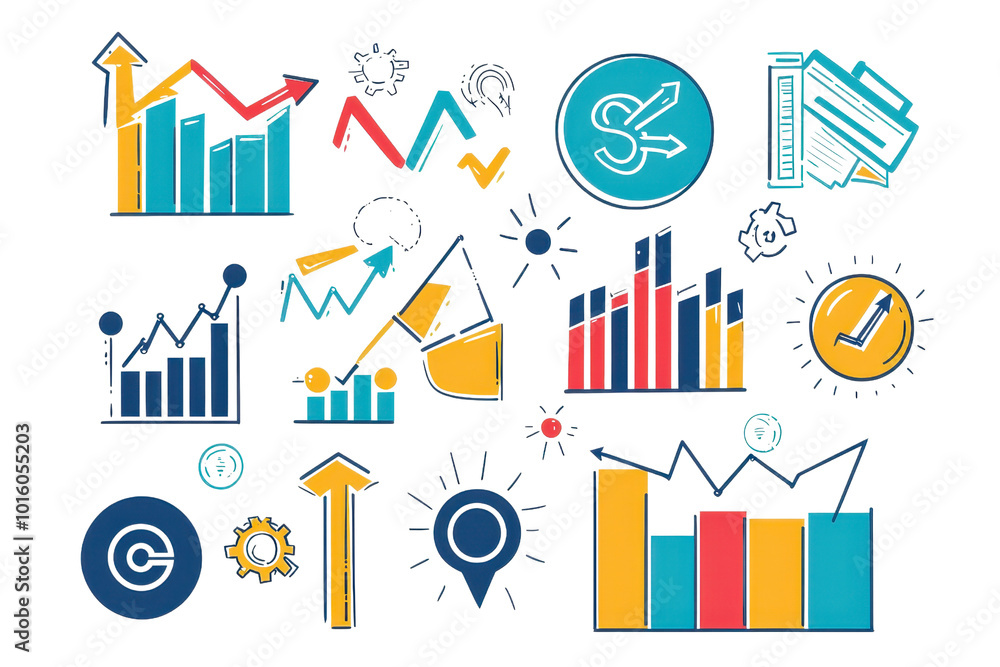 Poster colorful data infographic collection featuring graphs, charts, and statistics icons for business and