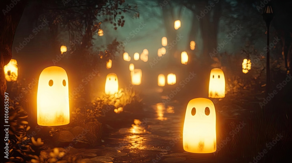 Poster a mystical pathway illuminated by glowing lanterns, creating a magical and enchanting atmosphere in 