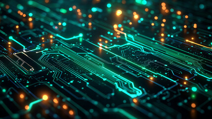 Fototapeta premium Create a tech-themed background with sleek digital waves, circuit board patterns, and overlapping transparent polygons. Use neon green and blue lighting effects to emphasize the modern tech feel Backg